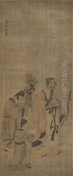 Scholar And Attendants Oil Painting by Chen Hongshou