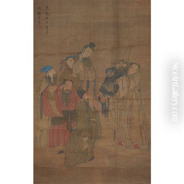 Immortals, Sages And Attendants Oil Painting by Chen Hongshou
