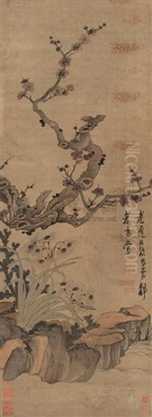 Plum Blossoms, Rocks And And Narcissus Oil Painting by Chen Hongshou