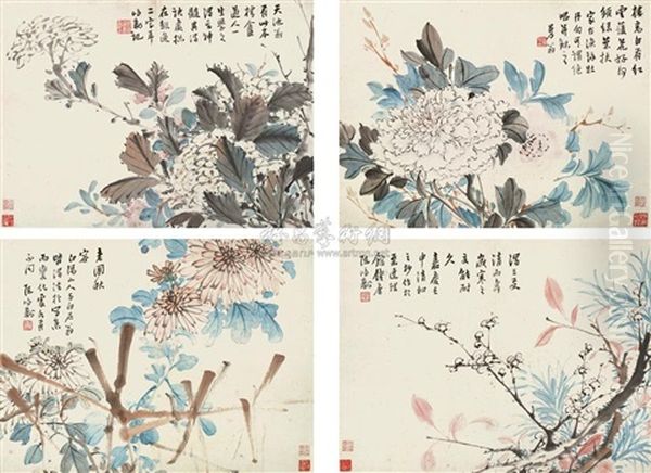 Flowers (4 Works) Oil Painting by Chen Hongshou