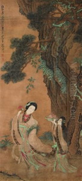 Ladies Under A Pine Tree Oil Painting by Chen Hongshou