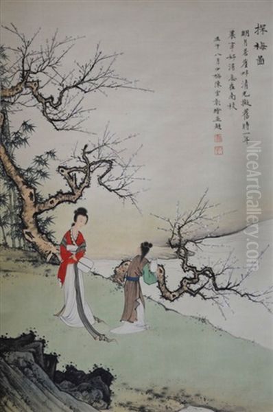 Chen Yunzhang: Chinese Painting On Silk 2 Beauties Oil Painting by Chen Shaomei