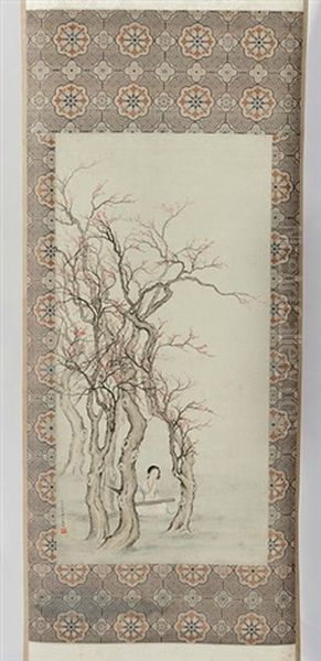 Lady Playing A Lute Under A Pink Blossom Tree Oil Painting by Chen Shaomei
