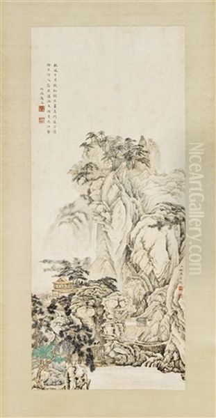 Mountainous Landscape, With Pine Trees And A Pathway Through The Craggy Cliffs Oil Painting by Chen Shaomei