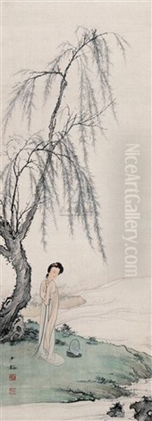 A Lady In The Shade Of Willow Trees Oil Painting by Chen Shaomei