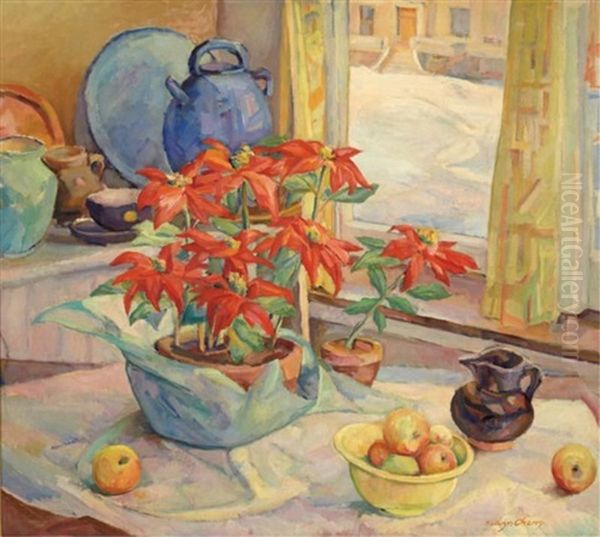 Still Life With Poinsettia Oil Painting by Kathryn E. Bard Cherry