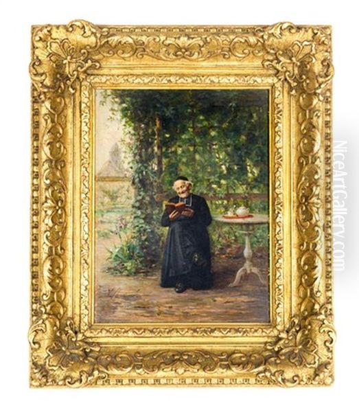 Monk Reading In A Garden Oil Painting by Vincent J.-Baptiste Chevilliard