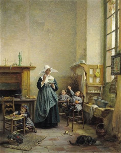 Kinderfutterung (la Becquee) Oil Painting by Vincent J.-Baptiste Chevilliard