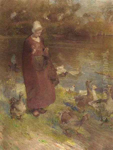 Feeding The Geese Oil Painting by Luigi Chialiva