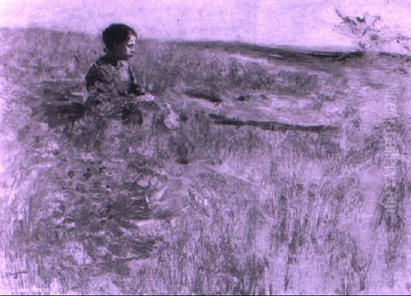 Young Girl Sitting In A Meadow Oil Painting by Luigi Chialiva