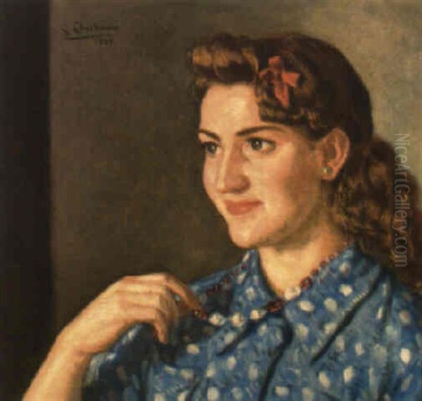 Joven Con Blusa Azul Oil Painting by Eduardo Chicharro Y Aguera