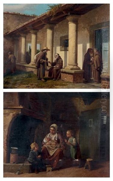 Les Moines Dans Le Patio, Mere Et Ses Enfants Devant L'atre (pair) Oil Painting by Gaetano Chierici