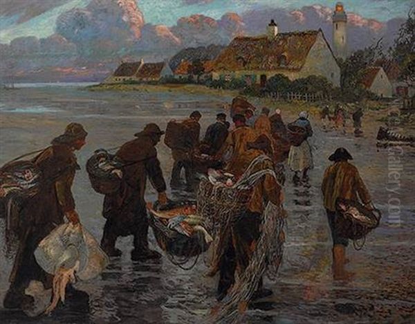 Figurenreiche Schilderung Vor Malerischem Fischerdorf Im Abendlichen Gegenlicht Oil Painting by Eugene Chigot