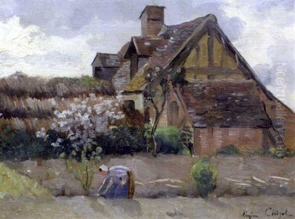 Paysanne Devant Sa Maison Oil Painting by Eugene Chigot