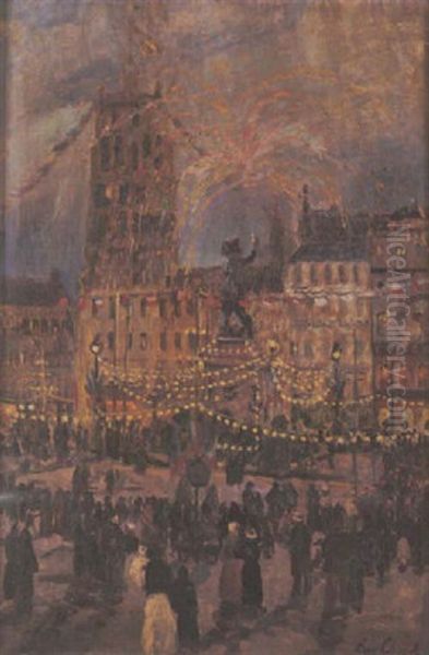 Soir De Fete Dur La Place Jean Bart A Dunkerque Oil Painting by Eugene Chigot