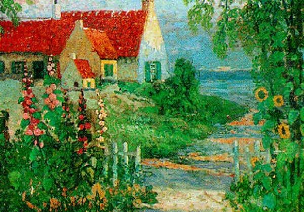 Roses Tremieres Pres De La Maison Oil Painting by Eugene Chigot