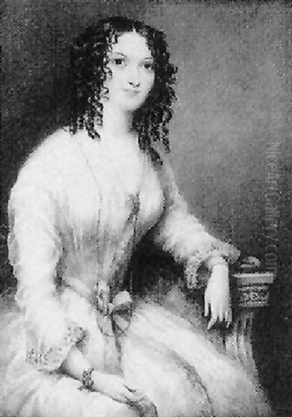 Miss Louisa Howard Of The Theatre Royal, Haymarket, Seated Wearing White Dress Trimmed With Blue Ribbon Oil Painting by James Warren Childe