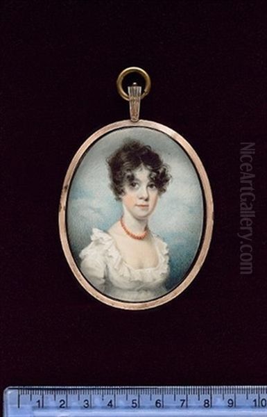 A Young Lady, Wearing Decollete White Dress With Frilled Collar And Coral Necklace, Her Dark Hair Worn Short And Curled Oil Painting by George Chinnery