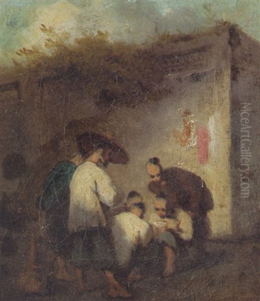 Chinese At Cards By A Wall Oil Painting by George Chinnery