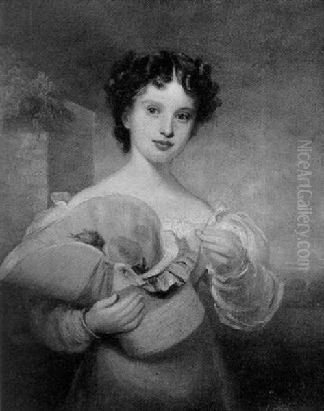 Portrait Of A Young Girl Wearing A White Dress, Holding A Straw Bonnet With Flowers Oil Painting by George Chinnery