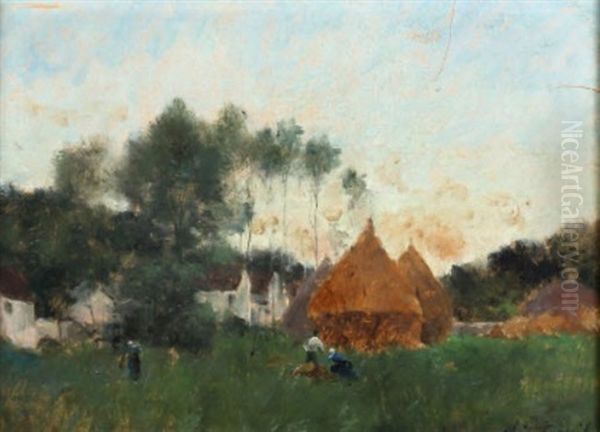 Les Meules Pres D'un Village Oil Painting by Antoine Chintreuil