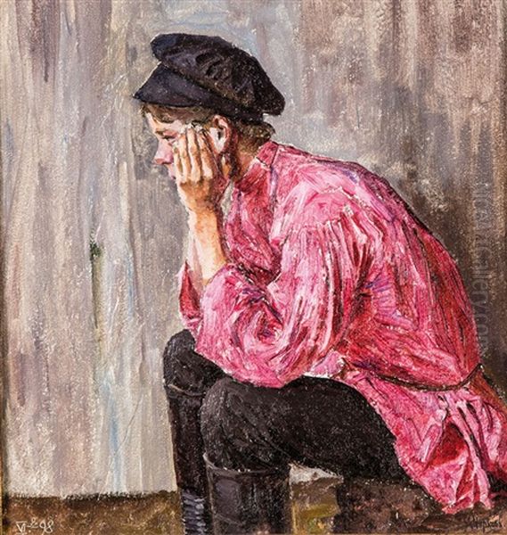 In Thought - Sitting Boy With Cap And Red Shirt Oil Painting by Aleksandr Inokent'evich Chirkov