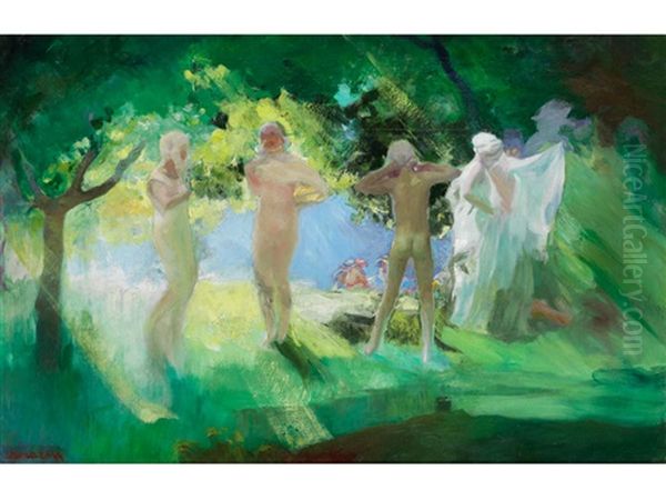 Junge Madchen In Einer Waldlichtung Vor Einem See Im Hintergrund Oil Painting by Pavel Dmitrievitch Chmarov