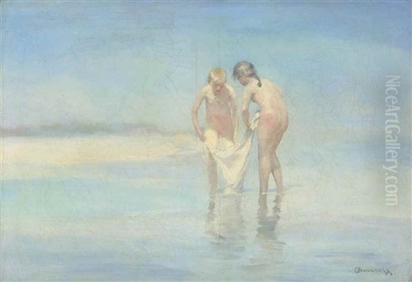 Children On A Sunlit Beach Oil Painting by Pavel Dmitrievitch Chmarov