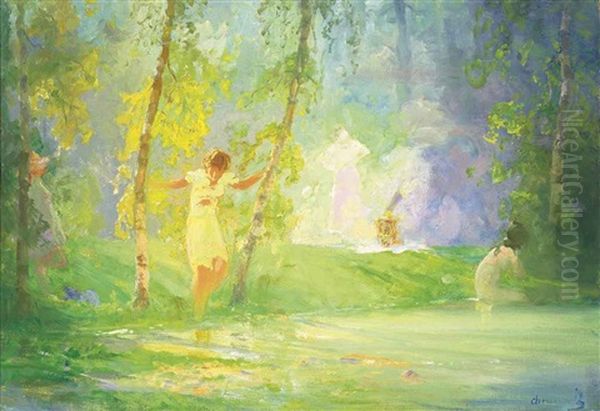 Tea Party On The Riverbank Oil Painting by Pavel Dmitrievitch Chmarov