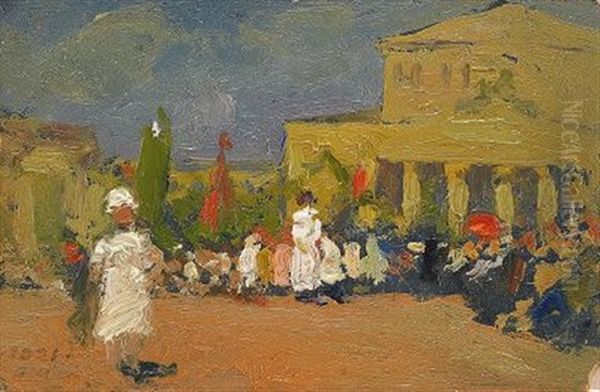 In Front Of The Bolshoi Theatre Oil Painting by Pavel Dmitrievitch Chmarov