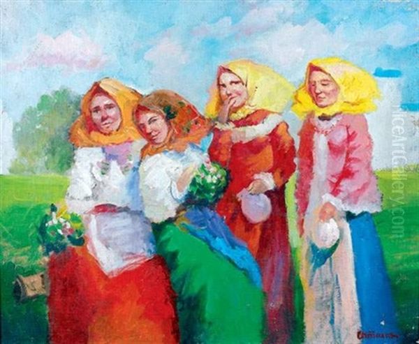Jeune Filles Aux Bouquets Oil Painting by Pavel Dmitrievitch Chmarov