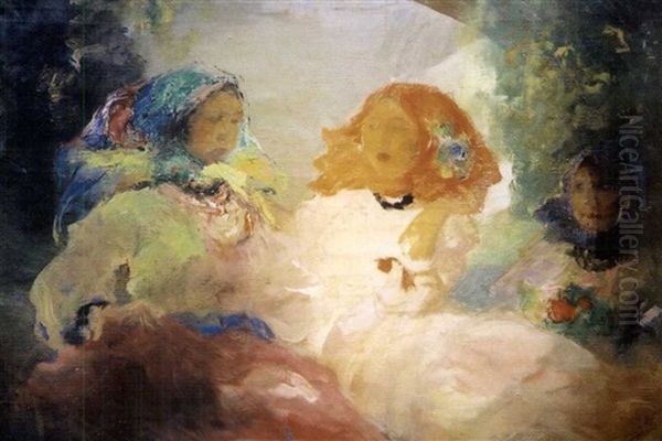 Trois Jeunes Femmes Dans Un Jardin Oil Painting by Pavel Dmitrievitch Chmarov