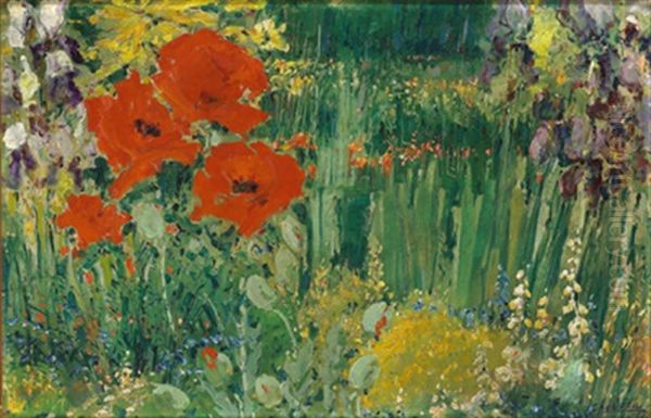 Mohn Und Schwertlilien Oil Painting by Cenek Chodera