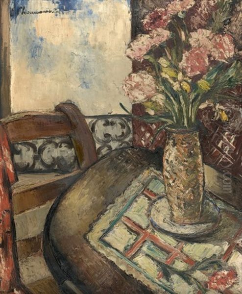Bouquet De Fleurs Sur Une Table Oil Painting by Sava Choumanovitch