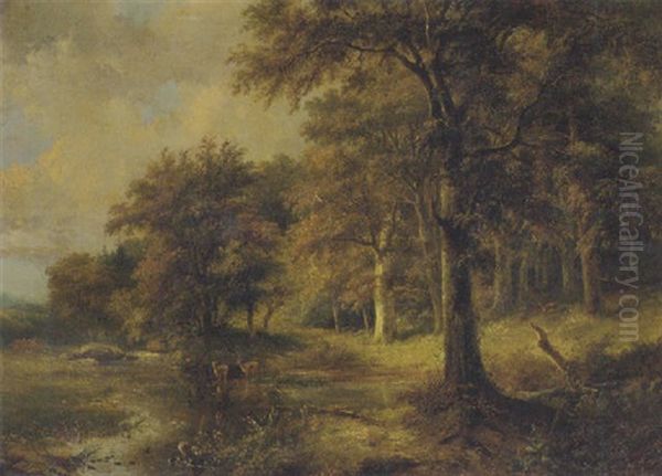Deer In A Sunlit Open Spot In The Woods Oil Painting by Pieter Caspar Christ