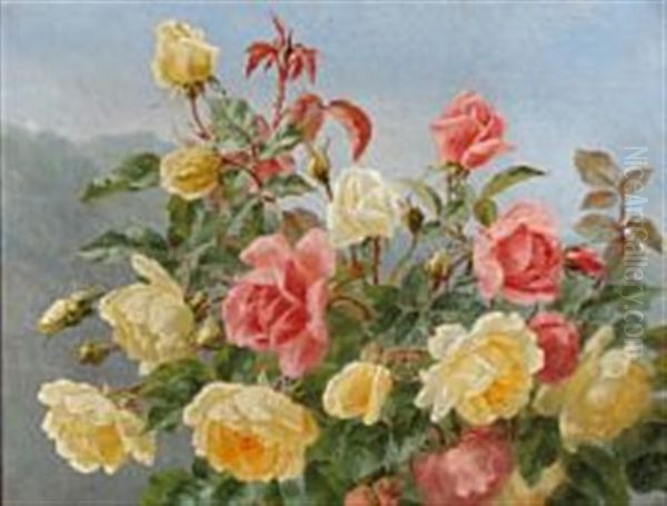 Yellow And Pink Roses Oil Painting by Anthonie, Anthonore Christensen