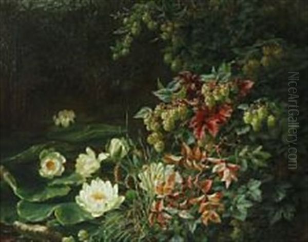 Hops At A Lake With Water Lilies Oil Painting by Anthonie, Anthonore Christensen