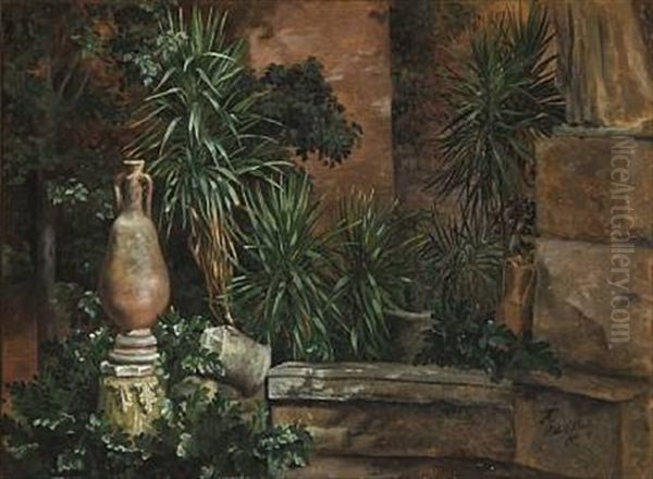 Palms And Jars In A Courtyard In Rome Oil Painting by Anthonie, Anthonore Christensen