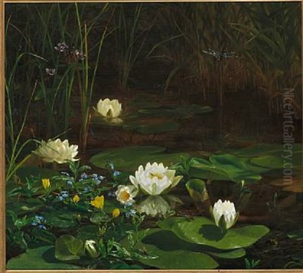 Forest Lake With Water Lilies In Bloom And Numerous Insects Oil Painting by Anthonie, Anthonore Christensen