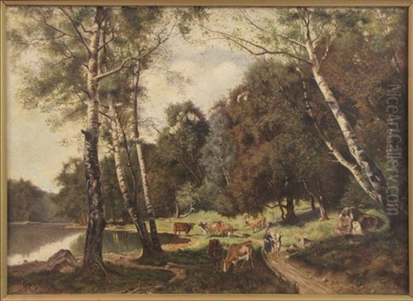 Cows Along River Shore Oil Painting by Anthonie, Anthonore Christensen