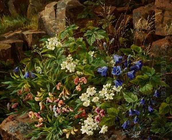 Harebell, Peaflower And Blackberry Runners On The Forest Floor Oil Painting by Anthonie, Anthonore Christensen