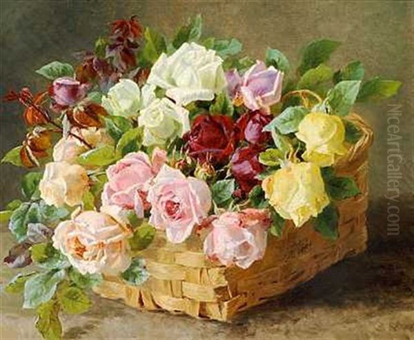 Hvide, Gule, Rode Og Lyserode Roser I En Kurv Oil Painting by Anthonie, Anthonore Christensen