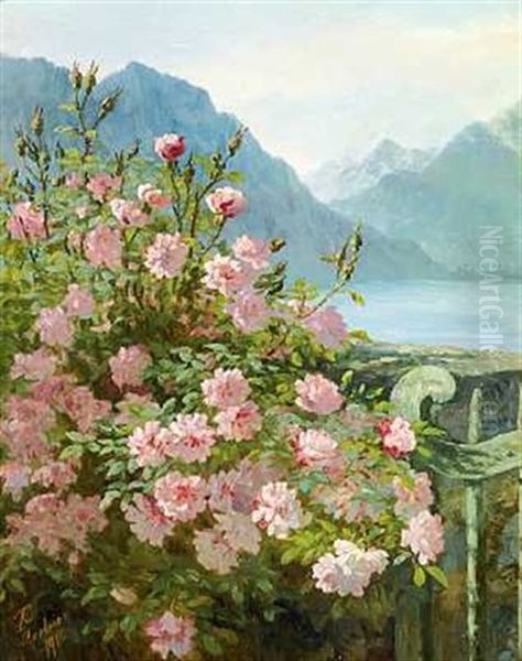 Blomstrende Rosenbusk Ved En So, I Baggrunden Bjerglandskab Oil Painting by Anthonie, Anthonore Christensen