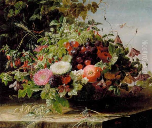 Opstilling Med Asters, Fuchsia, Aebler Og Vindruer I En Skal Pa En Karm, Hvorpa Kornaks Og Flyvende Guldsmed Oil Painting by Anthonie, Anthonore Christensen