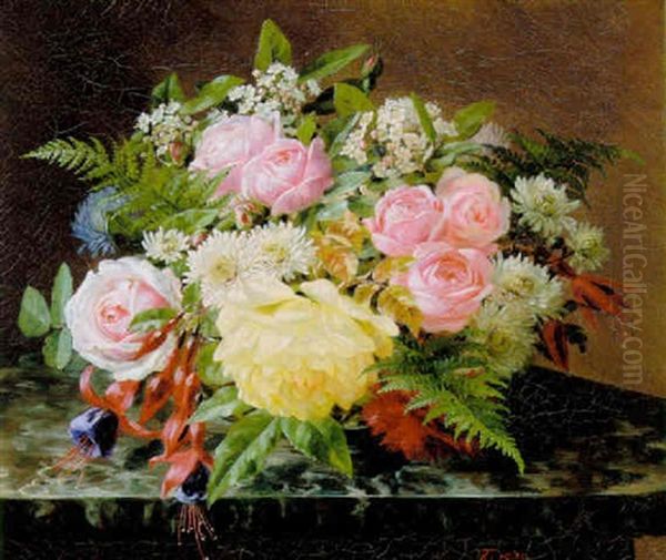 Opstilling Med Roser Og Fuchsia Pa En Marmorkarm Oil Painting by Anthonie, Anthonore Christensen