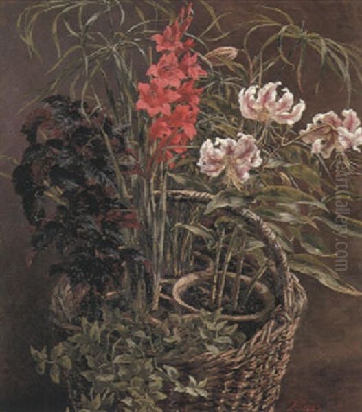 Rubrum Lilies And Gladiolus In A Straw Basket Oil Painting by Anthonie, Anthonore Christensen
