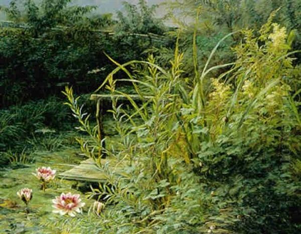 Ved Sobredden I Forgrunden Blomstrende Akander, Guldsmede Og Snegle Oil Painting by Anthonie, Anthonore Christensen