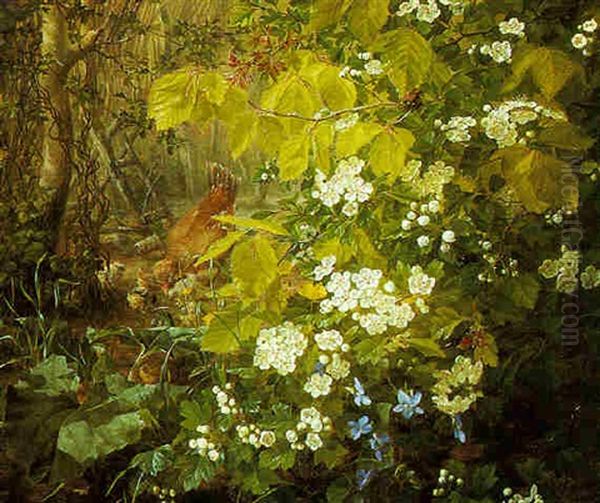 Hen And Chicks Amongst Apple Blossoms Oil Painting by Anthonie, Anthonore Christensen