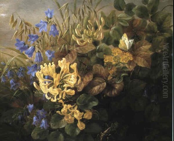 Klokkeblomster, Caprifolie, Sommerfugle Og Graeshoppe Oil Painting by Anthonie, Anthonore Christensen