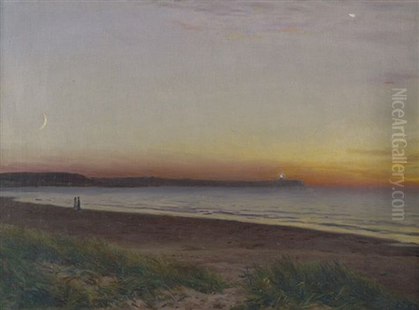 Spazierganger Am Strand Von Hornbaek Im Sonnenuntergang Oil Painting by Godfred B.W. Christensen